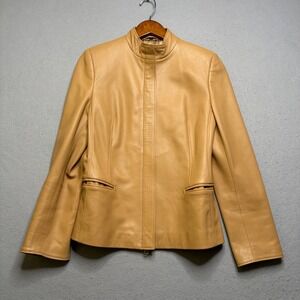 Punto Leather Jacket Women Small Tan Mock Neck Zip‎ Front Minimalist Vintage